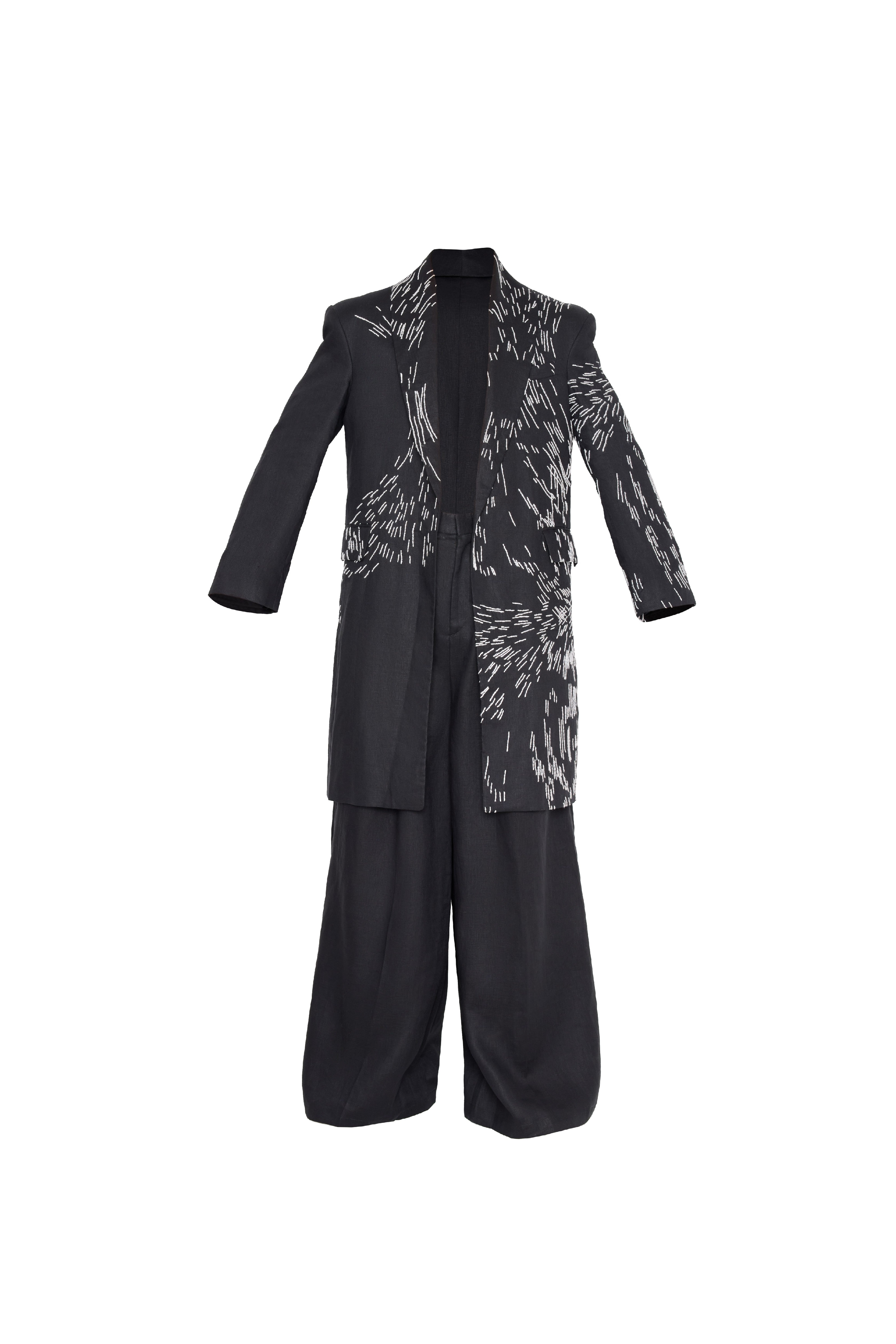 Black Linen Coat with Embroidery